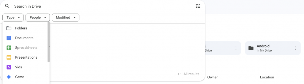 Google Drive advanced search feature interface
