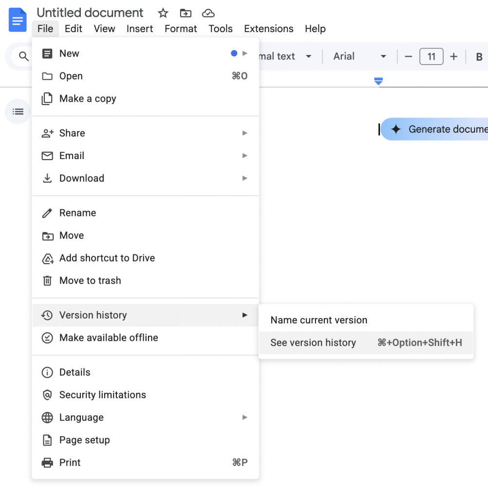Google Drive version history feature example