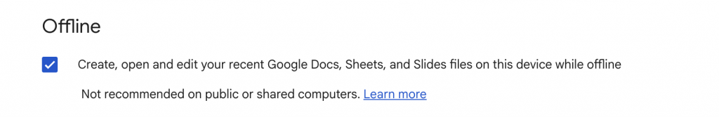 Google Drive offline access feature settings