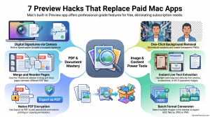 Mac Preview app tips shown with the Markup toolbar open on a MacBook screen