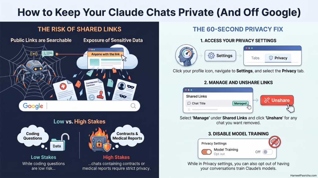 Claude chat privacy settings menu showing shared links