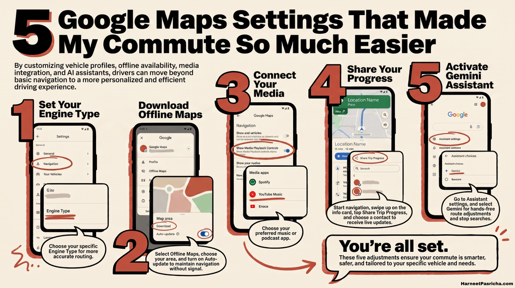 Google Maps settings menu open on a phone mounted in a car