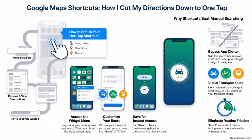 Google Maps directions widget shortcut added to an Android home screen