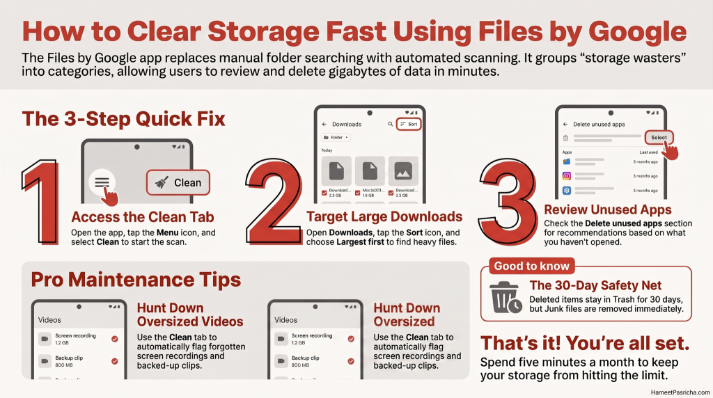 Infographic titled How to Clear Storage Fast Using Files by Google, outlining a 3-step cleanup guide and maintenance tips.
