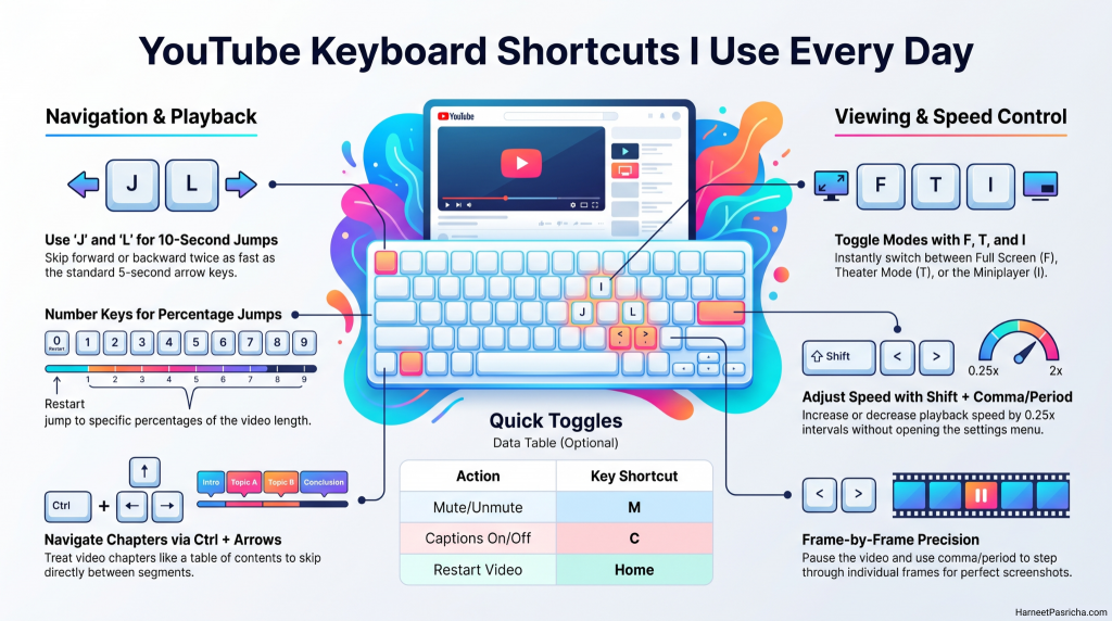 YouTube keyboard shortcuts cheat sheet on a laptop