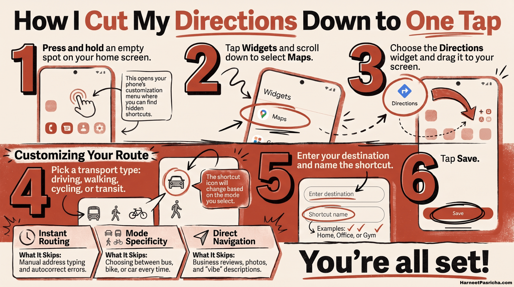 Infographic showing a 6-step guide to setting up Google Maps home screen shortcut widgets on Android for instant navigation.