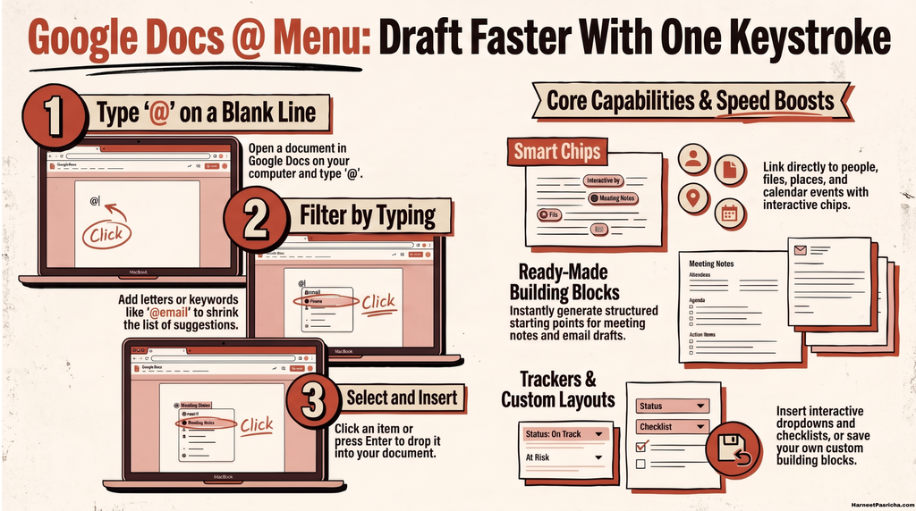 Google Docs @ menu open on a blank document showing smart chip and building block suggestions